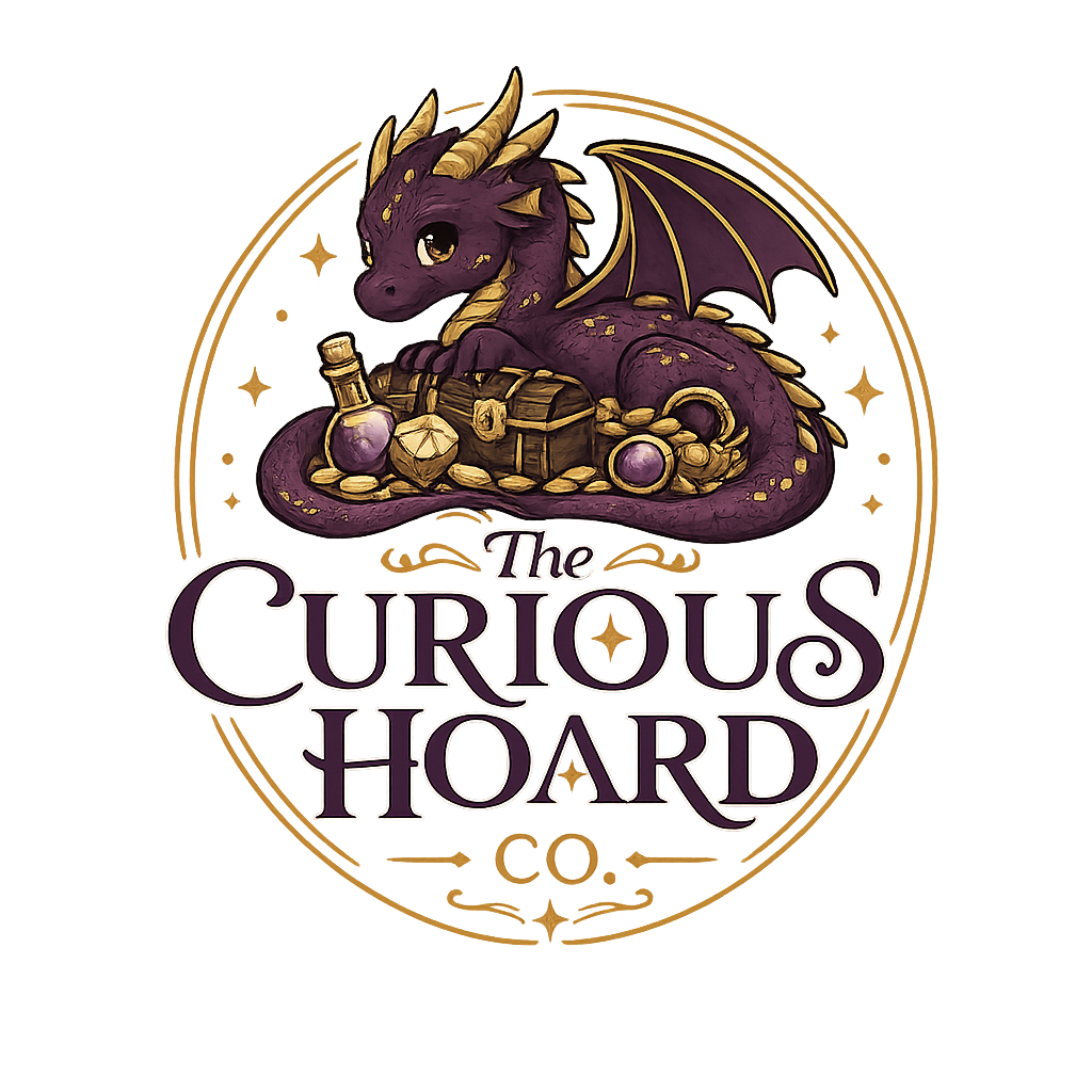 A Plum coloured dragon sits coilked around a pile of treasure, including coins, potion bottles, and a treasure chest. A gold circle encircles the dragon and the words The Curious Hoard Co